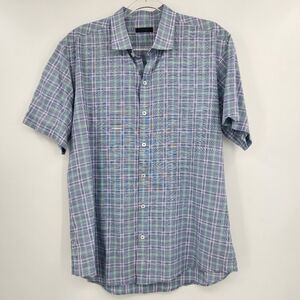 Zachary Prell Short Sleeve Button Front Shirt Mens Size Large Blue Green Plaid